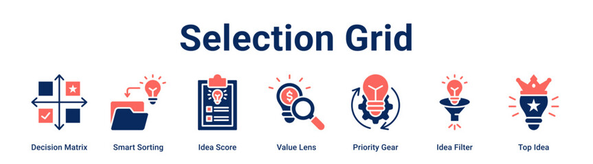 Selection Grid web banner icon vector illustration concept for business with icon of Decision Matrix, Smart Sorting, Idea Score, Value Lens, Priority Gear, Idea Filter.