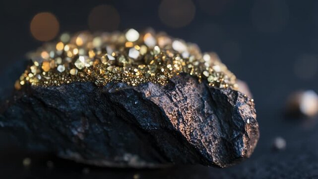Stunning Close-Up of Pyrite on Black Stone with Golden Sparkles for Natural Beauty
