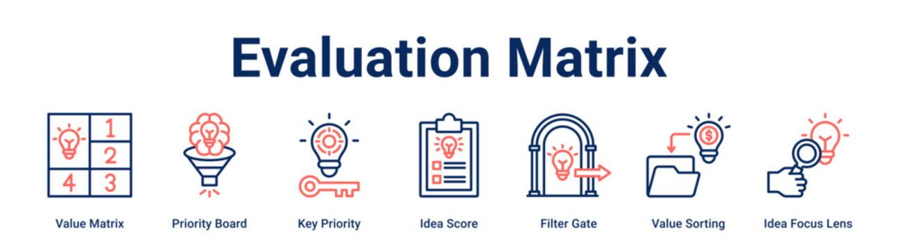 Evaluation Matrix web banner icon vector illustration concept for business with icon of Value Matrix, Priority Board, Key Priority, Idea Score, Filter Gate, Value Sorting, Idea.