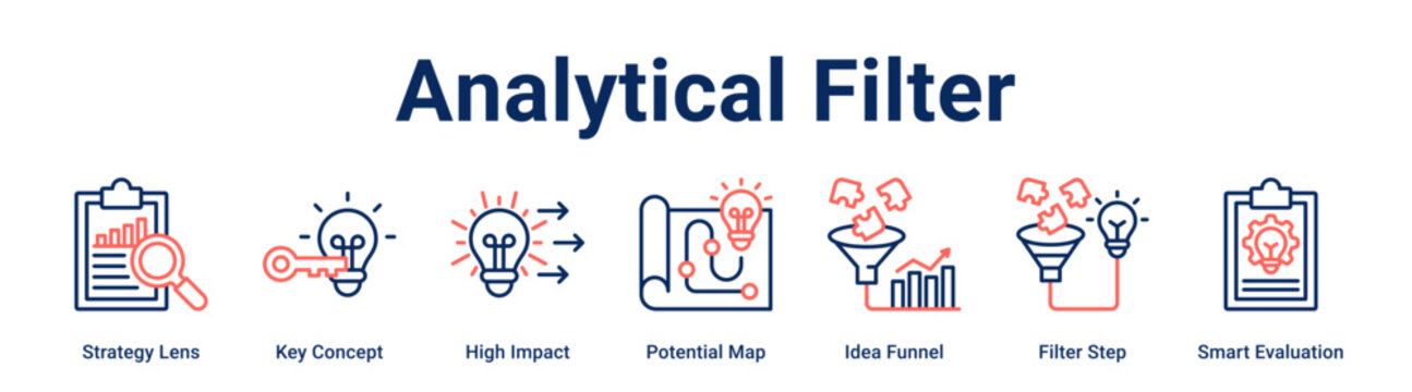 Analytical Filter web banner icon vector illustration concept for business with icon of Strategy Lens, Key Concept, High Impact, Potential Map, Idea Funnel, Filter Step.