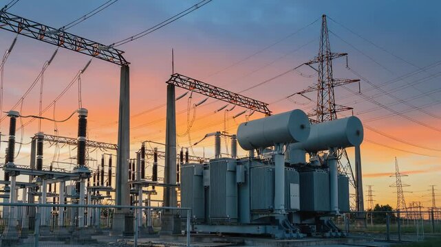 High Voltage Power Station with Transformers and Transmission Lines for Electrical Energy Generation