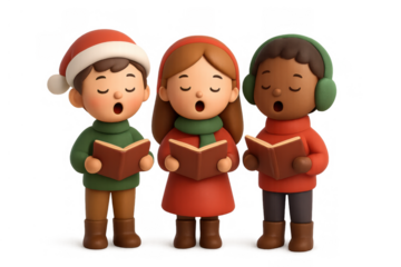 Diverse children choir singing christmas carols holding songbooks, celebrating holiday season, transparent background 3d illustration