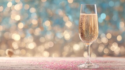 Party celebration with champagne and sparkling festive bokeh backdrop