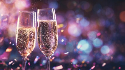 Party celebration with champagne and sparkling festive bokeh backdrop