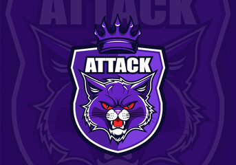 Vector cartoon purple logo, emblem and sticker. Team logotype e-sport, e game. Toon head of powerful brutal angry wild cat. Shield, attack and crown. Icon cyber game. Wicked puss