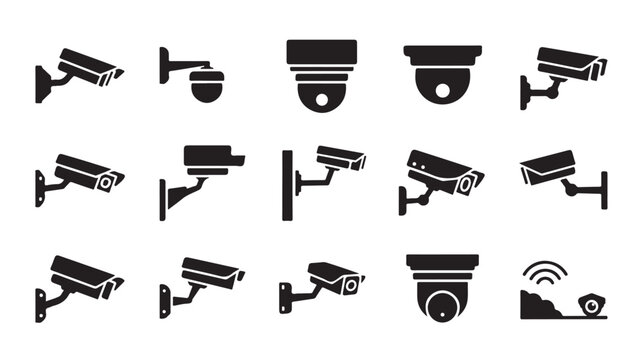 Comprehensive set of security camera icons featuring various CCTV types like bullet and dome designed as black silhouette vector symbols for surveillance and protection systems.