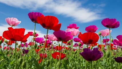 Obraz premium Field of colorful poppies under a blue sky