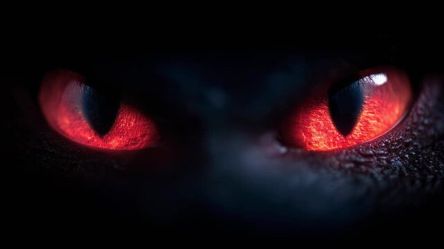 Intense close-up of glowing red eyes in darkness, perfect for captivating imagery and creativity