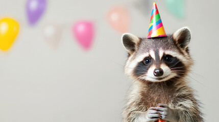 Raccoon wearing colorful party hat stands in front of festive balloons, exuding playful and cheerful atmosphere