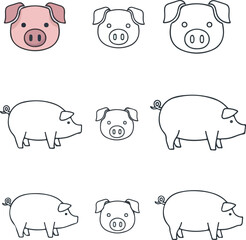 Fototapeta premium Set of 9 Pig and Pig Head Outline Vector Illustrations