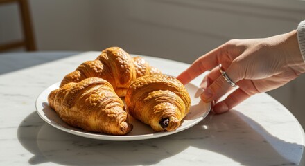 Three golden croissants served on a white plate with a hand reaching for one