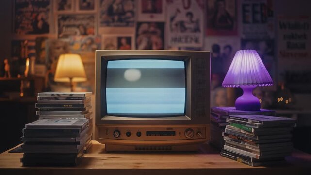 Vintage television and stylish lamp in a cozy retro room with music CDs and posters