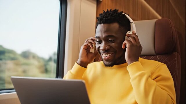 Smiling Black man with dreadlocks, headphones, using laptop on a train journey