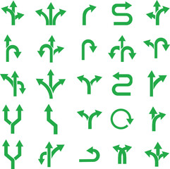 Way Direction Arrow Sign Icon set. Road navigation arrows. Driving direction mark, location point crossroad. Way direction arrow sign. Vector illustration. Traffic way icon isolated Road arrow.