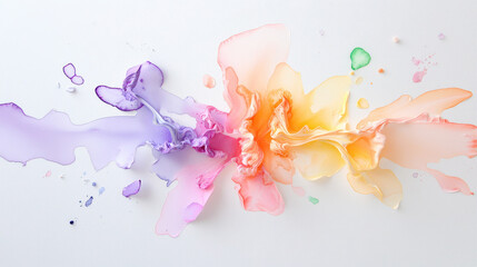 Colorful abstract watercolor splash with vibrant hues of purple, pink, orange, and yellow creating dynamic visual effect