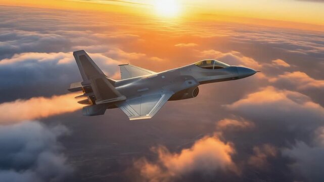 Dynamic aerial view of a military jet soaring through dramatic clouds at sunset