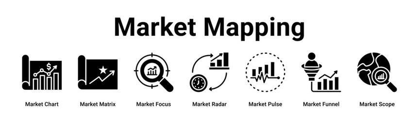 Market Mapping web banner icon vector illustration concept for business with icon of Market Chart, Market Matrix, Market Focus, Market Radar, Market Pulse, Market Funnel.