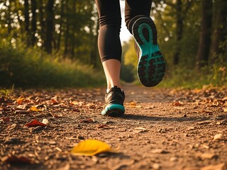 Runner's feet on a forest path in autumn