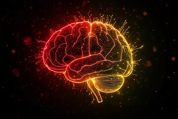 A glowing neon brain surrounded by futuristic digital elements on a dark background.