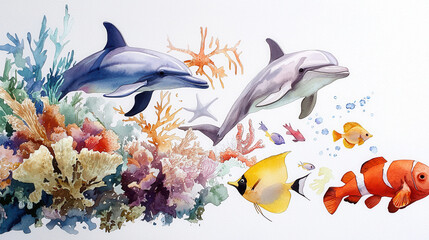 Colorful dolphins swim among vibrant coral reefs, surrounded by various fish species, creating lively underwater scene full of life and beauty