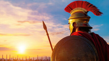 Majestic ancient warrior stands against vibrant sunset, wearing gleaming helmet and armor, ready for battle