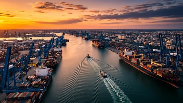 Launching the Day in a Busy Harbor Scene With Ships And Cranes At Sunset