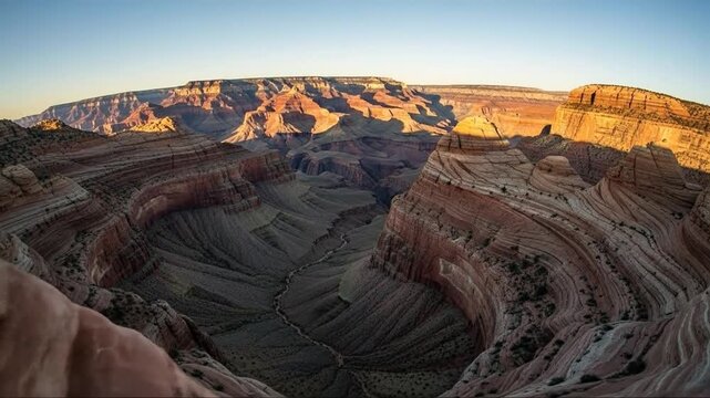 Panoramic vista of layered sandstone formations at Grand Canyon at golden hour