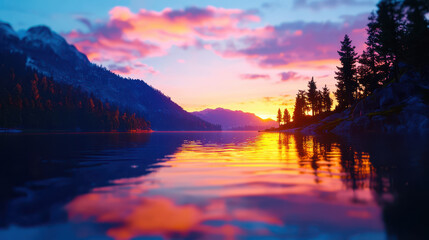 Breathtaking sunrise over tranquil lake, reflecting vibrant colors in water, surrounded by majestic mountains and lush trees