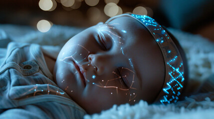 Future of Baby Care Concept: Dreamy Close-up of Infant Wearing Comfortable Tech Headband Monitoring Calm Sleep.