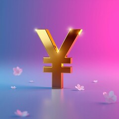 Obraz premium A golden 3D yen symbol stands on a pink surface with cherry blossoms and a pink-blue gradient background.