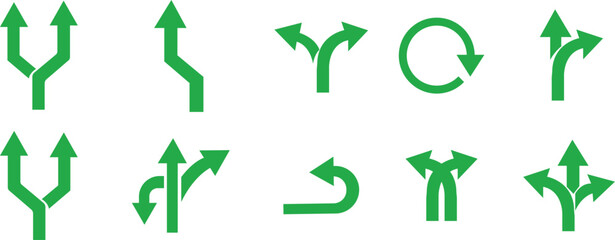 Way Direction Arrow Sign Icon set. Road navigation arrows. Driving direction mark, location point crossroad. Way direction arrow sign. Vector illustration. Traffic way icon isolated Road arrow.