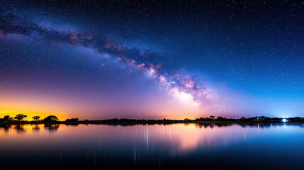 Breathtaking view of Milky Way galaxy reflecting over calm lake at night, showcasing vibrant colors and starry sky