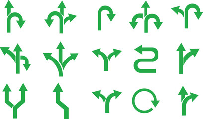 Obraz premium Way Direction Arrow Sign Icon set. Road navigation arrows. Driving direction mark, location point crossroad. Way direction arrow sign. Vector illustration. Traffic way icon isolated Road arrow.