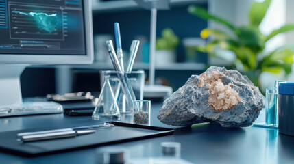 Mineral study setup featuring rock specimen, laboratory equipment, and computer displaying data analysis. scene conveys sense of scientific