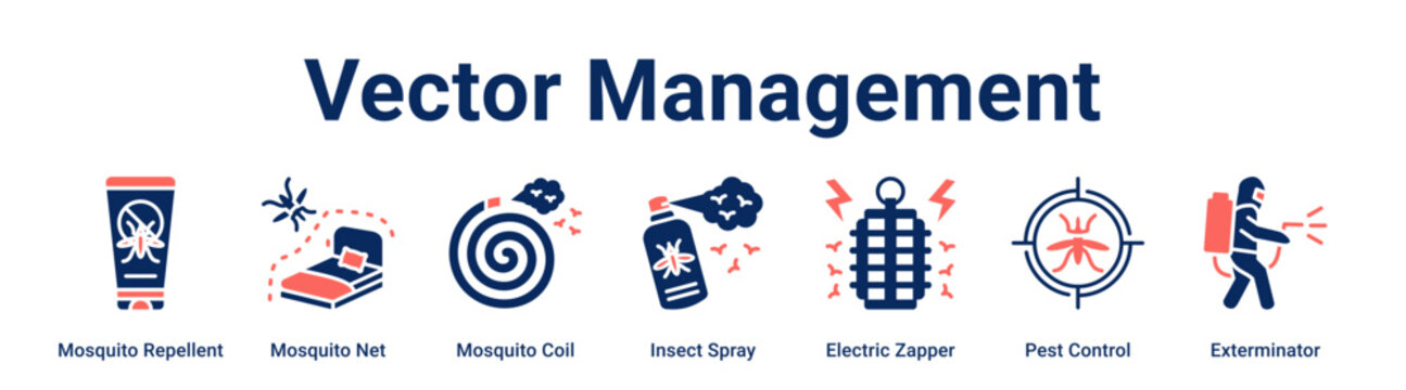 Vector Management web banner icon vector illustration concept for health and medical with icon of Mosquito Repellent, Mosquito Net, Mosquito Coil, Insect Spray, Electric Zapper, Pest.