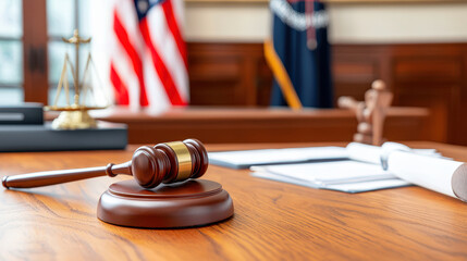 Wooden gavel rests polished table courtroom, symbolizing justice and authority. American flag and legal documents are visible background