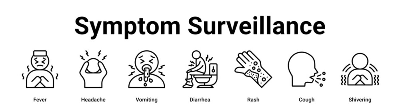 Symptom Surveillance web banner icon vector illustration concept for health and medical with icon of Fever, Headache, Vomiting, Diarrhea, Rash.