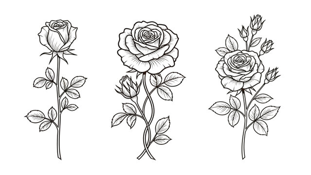 Three elegant black and white rose stem drawings for design