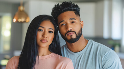 Concerned couple stands close together, expressing emotions modern home setting. Their serious expressions convey sense of connection and intimacy