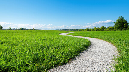 Winding gravel path leads through lush green field under bright blue sky, creating serene and inviting landscape