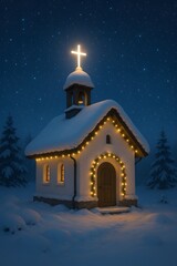 Fototapeta premium Snow-covered chapel adorned with glowing string lights, bright cross illuminated against dark starry night sky, nestled among snow-covered pine trees in winter landscape