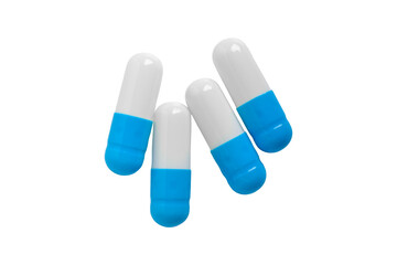 Blue and white medicine capsule pills isolated on white background.