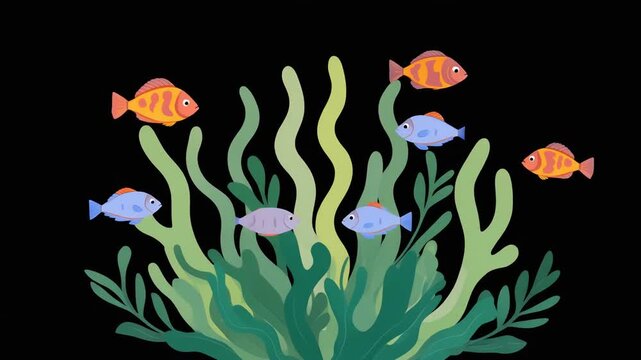 Abstract floral vector art illustration of underwater nature with tropical fish swimming near coral. Patterned algae cluster with fish, 