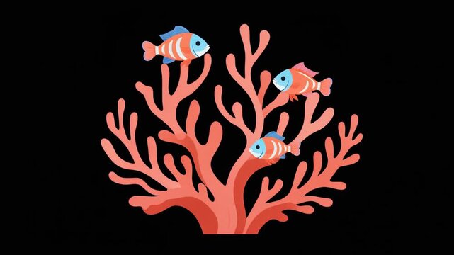 Flaming heart on fire symbol vector illustration with tribal fire pattern decoration on black. Coral-inspired ornament with fish,