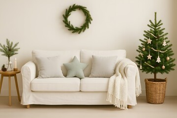 Minimalist living room decorated for winter holidays with small Christmas tree in wicker basket next to cozy white sofa, green wreath on wall, and small table with candle