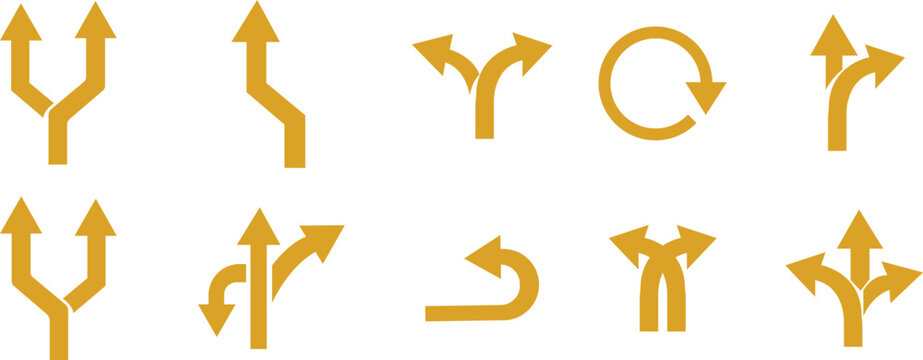 Way Direction Arrow Sign Icon set. Road navigation arrows. Driving direction mark, location point crossroad. Way direction arrow sign. Vector illustration. Traffic way icon isolated Road arrow.