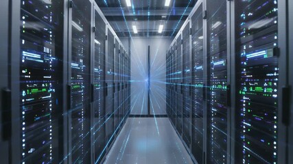 Servers with data flowing towards a bright light in a data center - Powered by Adobe
