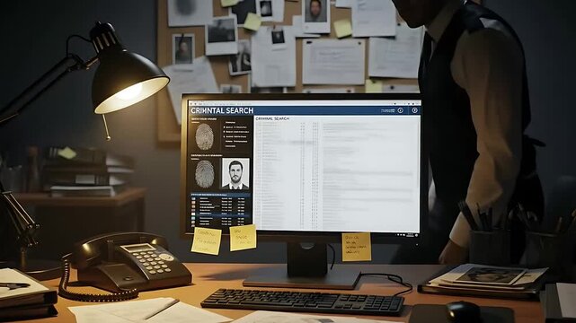 Crime Investigation Office with Computer Showing Suspect Profiles.