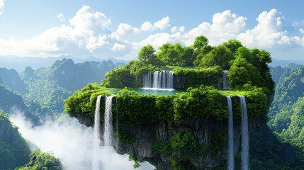 Dreamlike floating island with lush greenery and cascading waterfalls, surrounded by mountains and clouds, evokes sense of tranquility and wonder