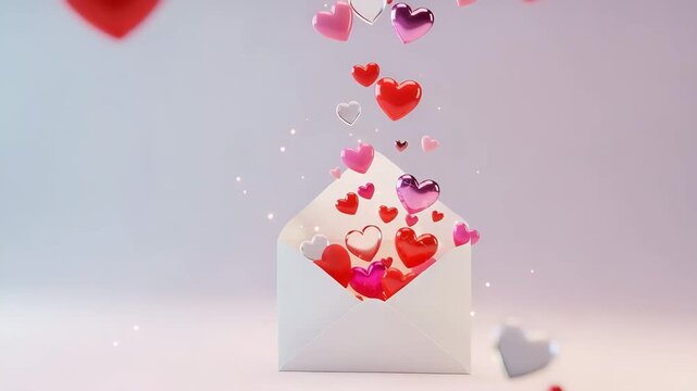 White envelope overflowing with many glossy red and pink hearts symbolizing love and romantic messages